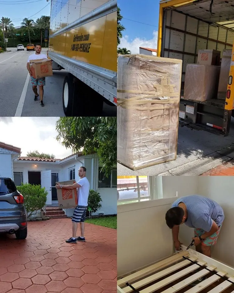Collage of movers carrying boxes and assembling furniture near truck.