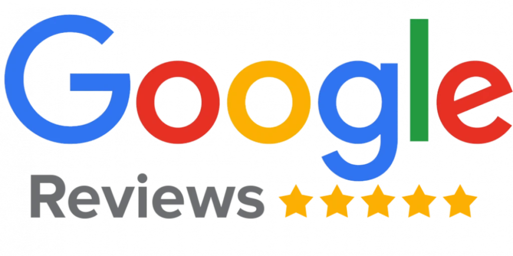Google Reviews logo with five gold stars on gray background.