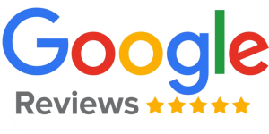 Google Reviews logo with five gold stars on gray background.