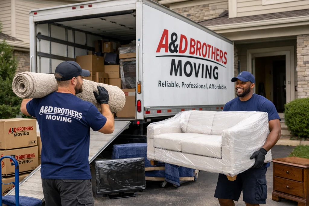 Two movers carrying a rug and couch near a truck.