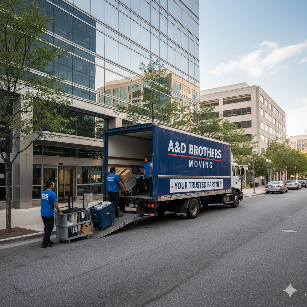 Movers unloading equipment from an A&D Brothers truck near office.