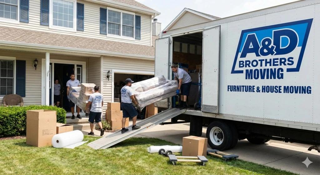 Movers loading wrapped furniture into an A&D Brothers Moving truck.
