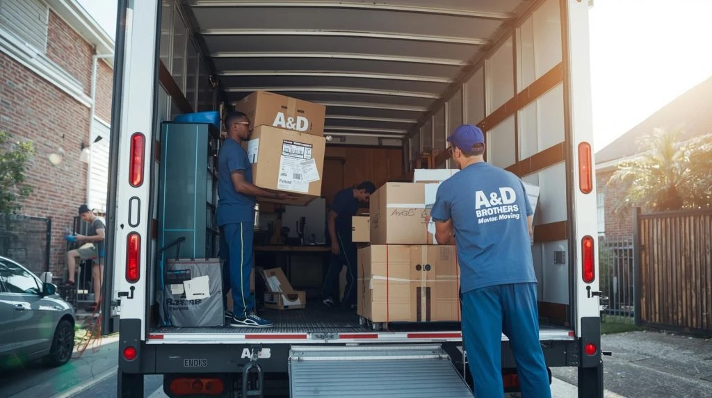 Movers stacking cardboard boxes inside the back of a truck.