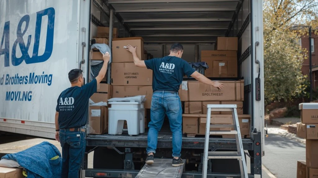 Two movers loading cardboard boxes into an A&D Brothers truck.