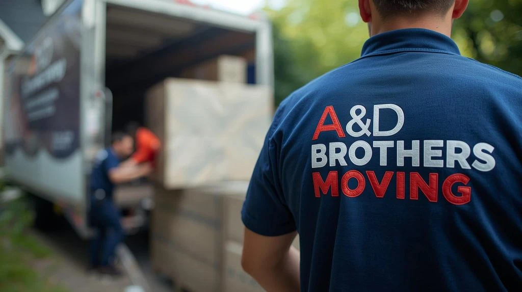 A mover wearing an A&D Brothers Moving shirt near truck.